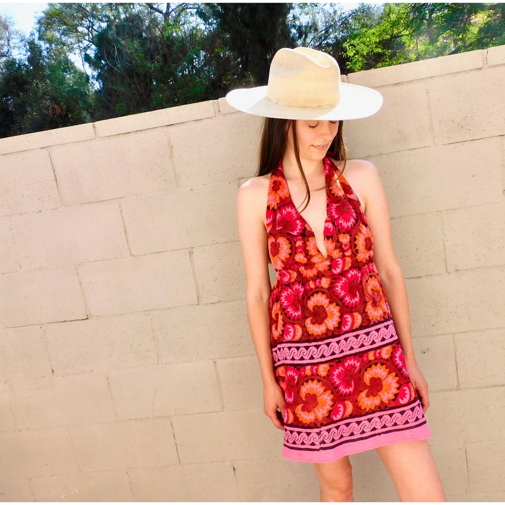 Vintage 70s Indian Boho Halter Mini Dress Tunic Pink Deadstock O/S - Picture 1 of 6
